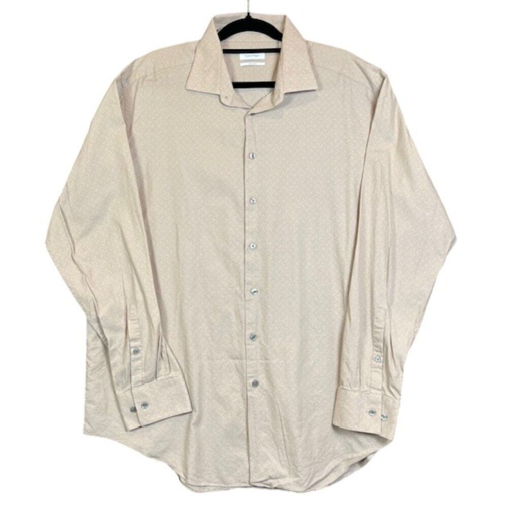 Calvin Klein Slim Tall Dress Shirt Pindot Pattern Beige Size‎ 18 1/2 36/37